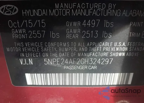 2016 Hyundai Sonata Se z USA, uszkodzony, nr VIN 5NPE24AF2GH324297